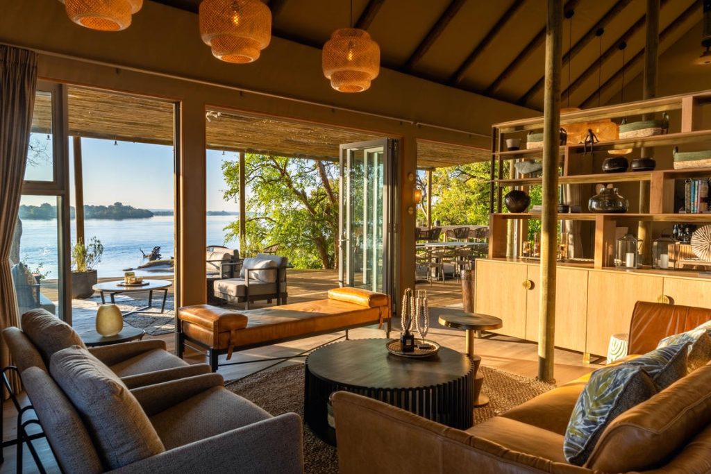 luxury lounge with view over Zambezi river - hippo creek villa