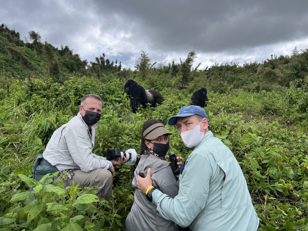 three tourists with gorillas in rwanda